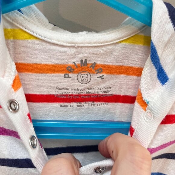 Primary Rainbow Striped Baby Romper With Hood & Snaps‎ 6-12 Months - Picture 2 of 3